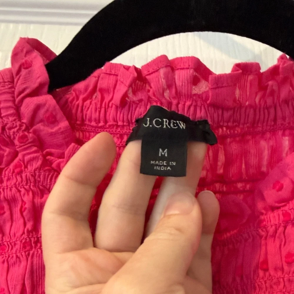 J. Crew Hot Pink Textured Dot Puff-Sleeve Smocked Top